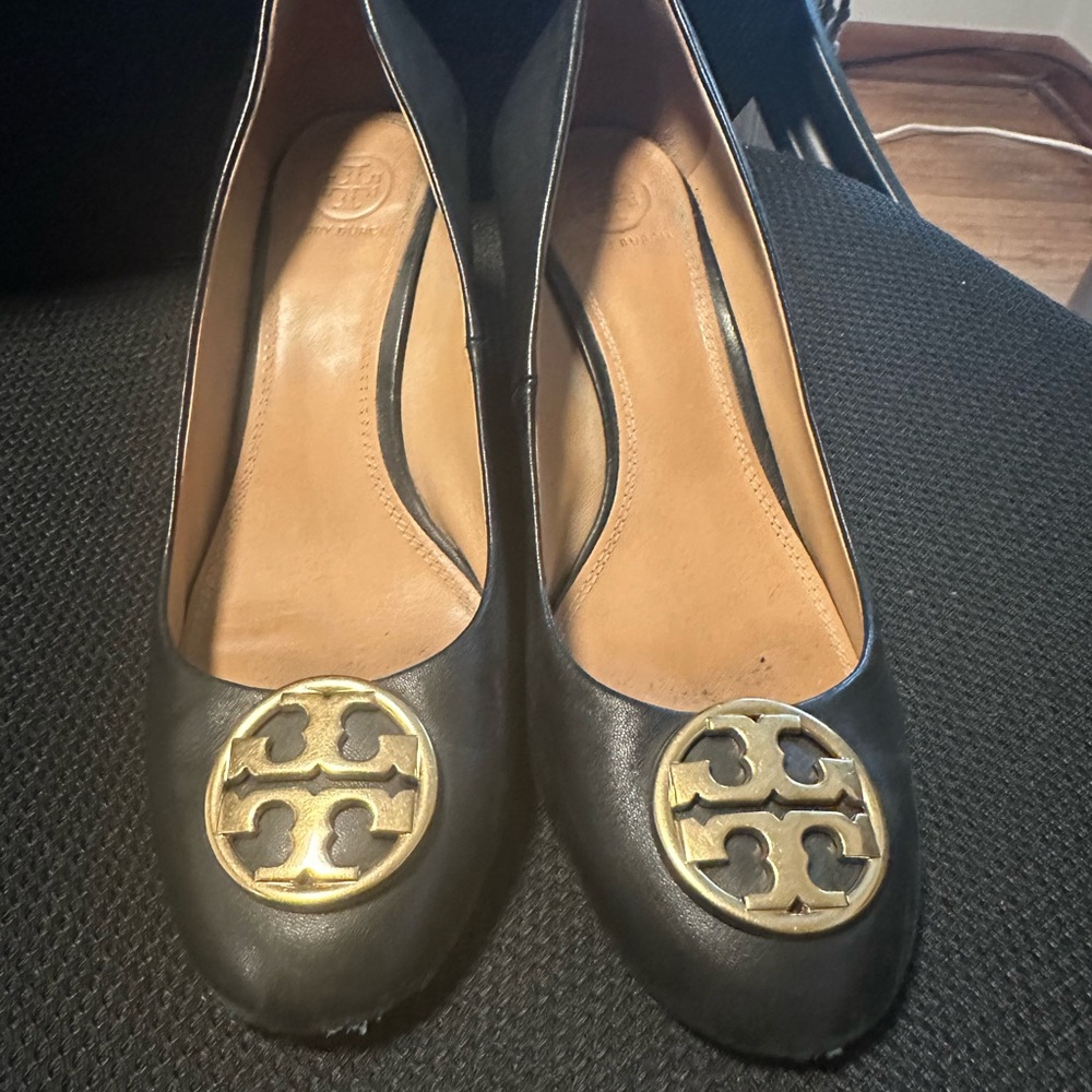 Tory Burch Black Leather Wedges with Gold Logo